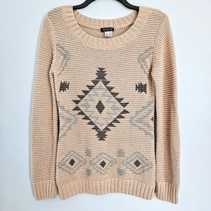Venus Beige Aztec Print Woven Stretchy Loose-Fit Long Sleeve Sweater Size Small